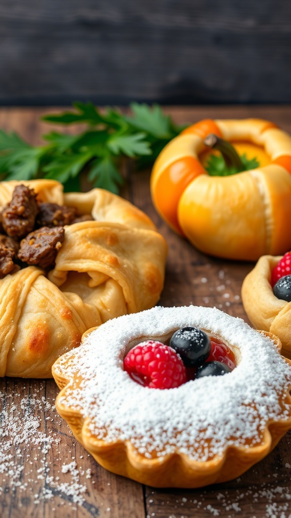 An assortment of crust jackets including savory meat pie, stuffed bell pepper, and sweet fruit pastry on a wooden table.
